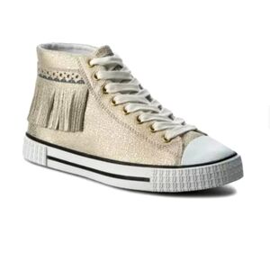 Trussardi Distressed Crackle Gold Leather/Suede Fringed Sneakers Size US7.5/38